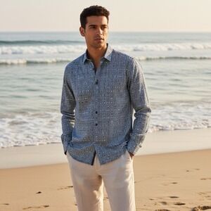 Visconti Blue Shirt flip cuff Large Long Sleeve Button Down Geometric Pattern